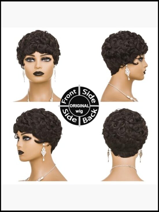 Short Pixie Wig with Bangs Curly Synthetic Heat Resistant Glueless Design main image 4